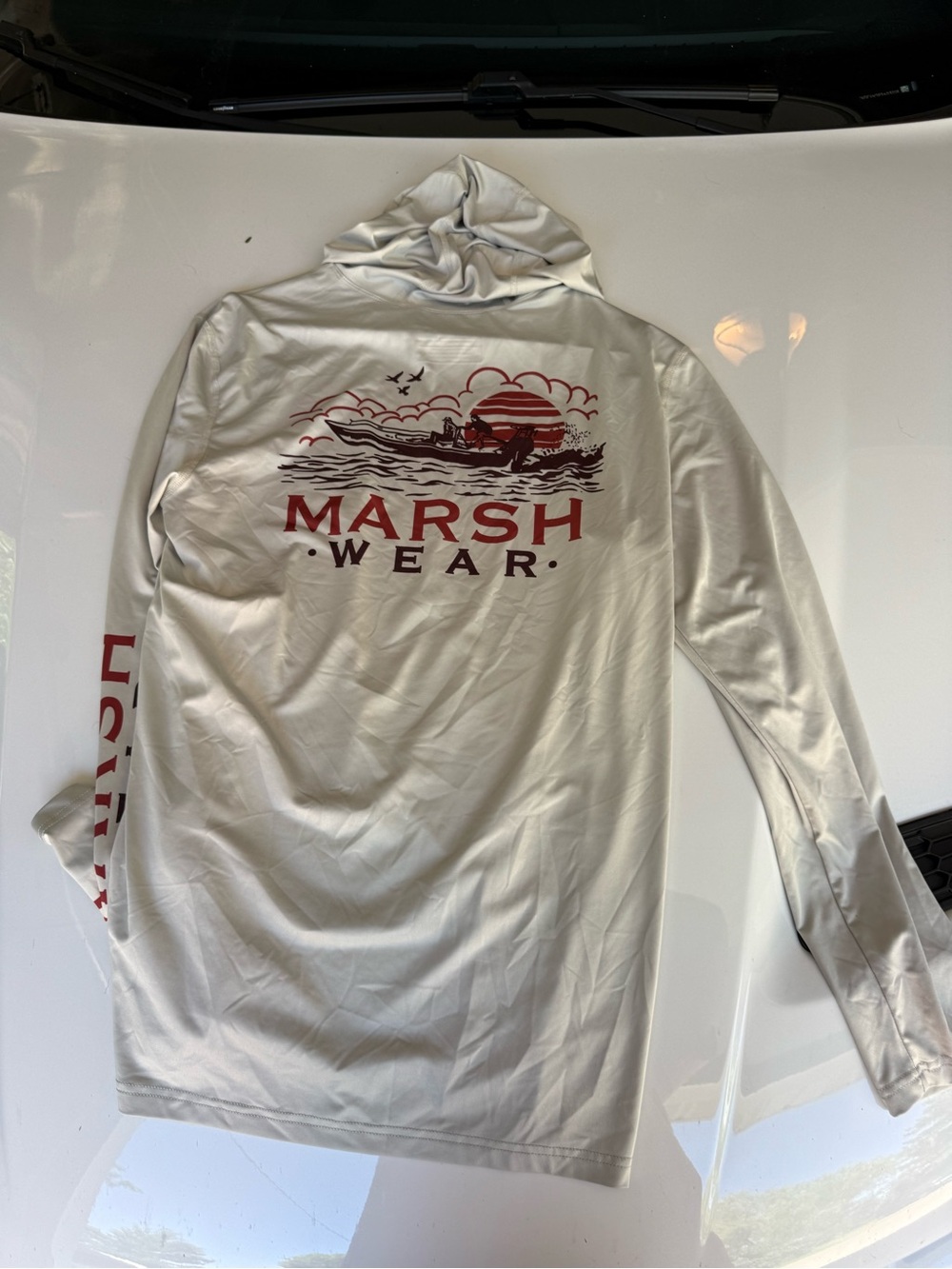 Marsh Wear Men's Long Sleeve Performance Hoodie - White with Red Graphic